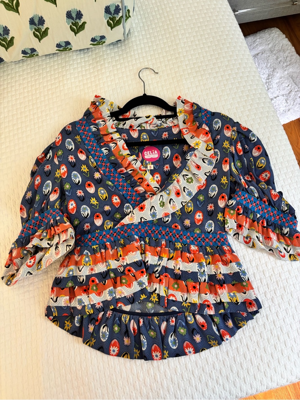 CeliaB Navy Multicolor Floral Ruffle Blouse